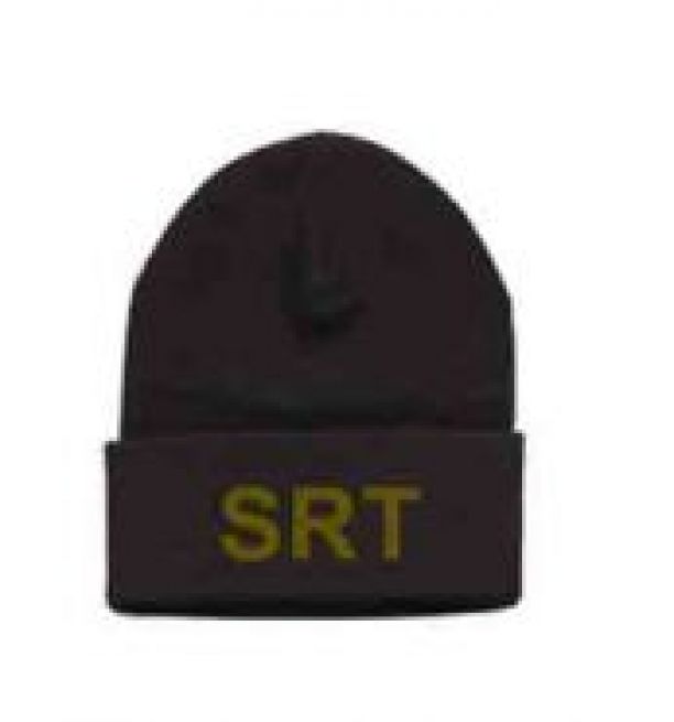 SRT KNIT HAT - OD GREEN "SRT" LETTERING on BLACK KNIT HAT.